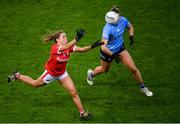 19 February 2022; Rachel Leahy of Cork in action against Jennifer Dunne of Dublin during the Lidl Ladies Football National League Division 1 match between Dublin and Cork at Croke Park in Dublin. Photo by Stephen McCarthy/Sportsfile