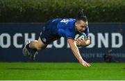 19 February 2022; James Lowe of Leinster dives over to score his side's third try during the United Rugby Championship match between Leinster and Ospreys at RDS Arena in Dublin. Photo by Harry Murphy/Sportsfile