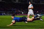 19 February 2022; James Lowe of Leinster dives over to score his side's third try during the United Rugby Championship match between Leinster and Ospreys at RDS Arena in Dublin. Photo by David Fitzgerald/Sportsfile