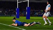 19 February 2022; James Lowe of Leinster dives over to score his side's third try during the United Rugby Championship match between Leinster and Ospreys at RDS Arena in Dublin. Photo by David Fitzgerald/Sportsfile