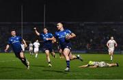 19 February 2022; James Lowe of Leinster on his way to scoring his side's third try during the United Rugby Championship match between Leinster and Ospreys at RDS Arena in Dublin. Photo by David Fitzgerald/Sportsfile