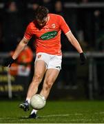 19 February 2022; Jason Duffy of Armagh kicks a goal chance wide, early in the second half, during the Allianz Football League Division 1 match between Armagh and Monaghan at Athletic Grounds in Armagh. Photo by Piaras Ó Mídheach/Sportsfile