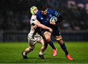 19 February 2022; Max Deegan of Leinster is tackled by Harri Deaves of Ospreys during the United Rugby Championship match between Leinster and Ospreys at RDS Arena in Dublin. Photo by David Fitzgerald/Sportsfile