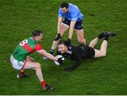 19 February 2022; Mayo goalkeeper Rob Hennelly and teammate Matthew Ruane in action against Ryan Basquel of Dublin during the Allianz Football League Division 1 match between Dublin and Mayo at Croke Park in Dublin. Photo by Stephen McCarthy/Sportsfile