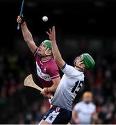 19 February 2022; Mikey Kiely of University of Limerick in action against Jack Fitzpatrick of NUI Galway during the Electric Ireland HE GAA Fitzgibbon Cup Final match between NUI Galway and University of Limerick at IT Carlow in Carlow. Photo by Matt Browne/Sportsfile