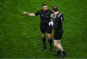 19 February 2022; Referee David Gough speaking to Mayo goalkeeper Rob Hennelly at half time during the Allianz Football League Division 1 match between Dublin and Mayo at Croke Park in Dublin. Photo by Stephen McCarthy/Sportsfile