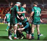 19 February 2022; Sammy Arnold of Connacht celebrates with teammates after scoring a try during the United Rugby Championship match between Scarlets and Connacht at Parc y Scarlets in Llanelli, Wales. Photo by Chris Fairweather/Sportsfile