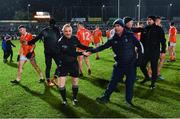19 February 2022; Referee Barry Cassidy shakes hands with Monaghan manager Séamus McEnaney after the drawn the Allianz Football League Division 1 match between Armagh and Monaghan at Athletic Grounds in Armagh. Photo by Piaras Ó Mídheach/Sportsfile
