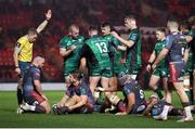 19 February 2022; Leva Fifita of Connacht celebrates with teammates after scoring a try during the United Rugby Championship match between Scarlets and Connacht at Parc y Scarlets in Llanelli, Wales. Photo by Chris Fairweather/Sportsfile