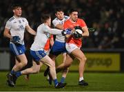 19 February 2022; Stefan Campbell of Armagh in action against Brian McAnespie and Darren Hughes, right, of Monaghan during the Allianz Football League Division 1 match between Armagh and Monaghan at Athletic Grounds in Armagh. Photo by Piaras Ó Mídheach/Sportsfile