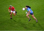 19 February 2022; Rachel Hartnett of Dublin in action against Aisling Kelleher of Cork during the Lidl Ladies Football National League Division 1 match between Dublin and Cork at Croke Park in Dublin. Photo by Stephen McCarthy/Sportsfile