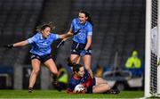 19 February 2022; Cork goalkeeper Martina O'Brien is tackled by Siobhán Woods, left, and Hannah Tyrrell of Dublin during the Lidl Ladies Football National League Division 1 match between Dublin and Cork at Croke Park in Dublin. Photo by Ray McManus/Sportsfile