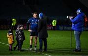19 February 2022; Seán Cronin of Leinster with his children Finn, Cillian and Saoirse is interviewed by Leinster senior communications & media manager Marcus Ó Buachalla and videographer Robert Maguire during the United Rugby Championship match between Leinster and Ospreys at RDS Arena in Dublin. Photo by Harry Murphy/Sportsfile