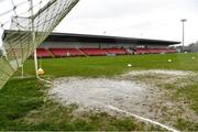 20 February 2022; A general view of water in the goal mouth before the Allianz Football League Division 2 match between Derry and Cork at Derry GAA Centre of Excellence in Owenbeg, Derry. Photo by Sam Barnes/Sportsfile