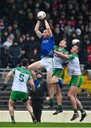 20 February 2022; Jack Barry of Kerry wins a high ball ahead of Hugh McFadden of Donegal during the Allianz Football League Division 1 match between Kerry and Donegal at Fitzgerald Stadium in Killarney, Kerry. Photo by Brendan Moran/Sportsfile