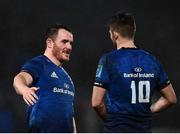 19 February 2022; Peter Dooley, left, and Ross Byrne of Leinster during the United Rugby Championship match between Leinster and Ospreys at RDS Arena in Dublin. Photo by David Fitzgerald/Sportsfile