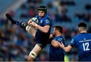 19 February 2022; Ryan Baird of Leinster catches a restart during the United Rugby Championship match between Leinster and Ospreys at RDS Arena in Dublin. Photo by David Fitzgerald/Sportsfile