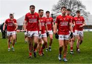 20 February 2022; Cork players leave the pitch after the Allianz Football League Division 2 match between Derry and Cork at Derry GAA Centre of Excellence in Owenbeg, Derry. Photo by Sam Barnes/Sportsfile