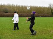 20 February 2022; Referee Maggie Farrelly with one of her umpires, Maurice Brady, inspecting the 4th pitch before the Allianz Football League Division 4 match between Leitrim and London at Connacht GAA Centre of Excellence in Bekan, Mayo. Photo by Ray McManus/Sportsfile