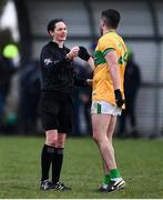 20 February 2022; Referee Maggie Farrelly with Emlyn Mulligan of Leitrim after the Allianz Football League Division 4 match between Leitrim and London at Connacht GAA Centre of Excellence in Bekan, Mayo. Photo by Ben McShane/Sportsfile