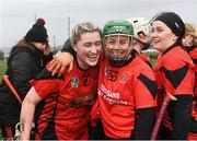 20 February 2022; Miria O'Dowd, left, and Laura Sinnott of Oulart The Ballagh celebrate after their side's victory in AIB All-Ireland Senior Camogie Club Championship Semi-Final match between Scariff Ogonnelloe, Clare and Oulart the Ballagh, Wexford at Clonmel Commercials in Clonmel, Tipperary. Photo by Harry Murphy/Sportsfile
