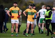 20 February 2022; Domhnaill Flynn, left, and Emlyn Mulligan of Leitrim react after their side's defeat in the Allianz Football League Division 4 match between Leitrim and London at Connacht GAA Centre of Excellence in Bekan, Mayo. Photo by Ben McShane/Sportsfile