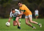 20 February 2022; Liam Gavaghan of London is tackled by Paddy Maguire of Leitrim during the Allianz Football League Division 4 match between Leitrim and London at Connacht GAA Centre of Excellence in Bekan, Mayo. Photo by Ray McManus/Sportsfile