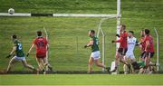 20 February 2022; Caolan Mooney of Down, third from right, hits the crossbar during the closing moments of the Allianz Football League Division 2 match between Meath and Down at Páirc Táilteann in Navan, Meath. Photo by Stephen McCarthy/Sportsfile