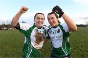20 February 2022; Sarsfields goal scorers Siobhan McGrath, left, and Shannon Corcoran celebrate after the AIB All-Ireland Senior Camogie Club Championship Semi-Final match between Sarsfields and Slaughtneil at Naomh Eanna in Gorey, Wexford. Photo by Matt Browne/Sportsfile