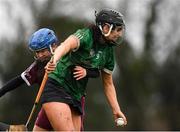 20 February 2022; Niamh McGrath of Sarsfields in action against Orla McNeill of Slaughtneil during the AIB All-Ireland Senior Camogie Club Championship Semi-Final match between Sarsfields and Slaughtneil at Naomh Eanna in Gorey, Wexford. Photo by Matt Browne/Sportsfile