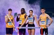 21 February 2022; Irish athletes, from left, Conor Callinan of Leevale AC, Cork, Israel Olatunde of UCD AC, Dublin, Kate Dohety of Dundrum South Dublin AC, and Darragh McElhinney of UCD AC at the launch of the 2022 Irish Life Health National Indoor Championships. The Championships will take place at the Sport Ireland National Indoor Arena on February 26th and 27th 2022. Photo by Sam Barnes/Sportsfile