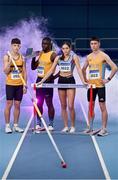 21 February 2022; Irish althetes, from left, Conor Callinan of Leevale AC, Cork, Israel Olatunde of UCD AC, Dublin, Kate Dohety of Dundrum South Dublin AC, and Darragh McElhinney of UCD AC at the launch of the 2022 Irish Life Health National Indoor Championships. The Championships will take place at the Sport Ireland National Indoor Arena on February 26th and 27th 2022. Photo by Sam Barnes/Sportsfile