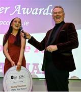 11 February 2022; Chloe Callaghan from Termon, Donegal, winner of the Young Volunteer of the Year award, is interviewed by MC Daithí Ó Sé during the 2021 LGFA National Volunteer of the Year awards, in association with currentaccount.ie, at Croke Park in Dublin. Photo by Piaras Ó Mídheach/Sportsfile