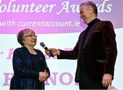 11 February 2022; Mary Hernon from Milltown, Galway, winner of the Volunteer Hall of Fame award, is interviewed by MC Daithí Ó Sé during the 2021 LGFA National Volunteer of the Year awards, in association with currentaccount.ie, at Croke Park in Dublin. Photo by Piaras Ó Mídheach/Sportsfile