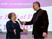 11 February 2022; Mary Hernon from Milltown, Galway, winner of the Volunteer Hall of Fame award, is interviewed by MC Daithí Ó Sé during the 2021 LGFA National Volunteer of the Year awards, in association with currentaccount.ie, at Croke Park in Dublin. Photo by Piaras Ó Mídheach/Sportsfile
