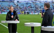 19 February 2022; RTÉ presenter Jacqui Hurley and analyst Gordon D'Arcy during RTÉ's pre-match analysis before the United Rugby Championship match between Leinster and Ospreys at RDS Arena in Dublin. Photo by Brendan Moran/Sportsfile