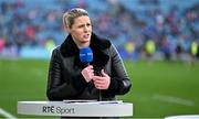 19 February 2022; RTÉ presenter Jacqui Hurley during RTÉ's pre-match analysis before the United Rugby Championship match between Leinster and Ospreys at RDS Arena in Dublin. Photo by Brendan Moran/Sportsfile