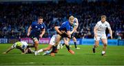 19 February 2022; Jamie Osborne of Leinster is tackled by Rhys Webb of Ospreys during the United Rugby Championship match between Leinster and Ospreys at RDS Arena in Dublin. Photo by Brendan Moran/Sportsfile