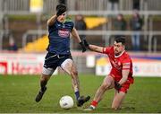 20 February 2022; Mick O’Grady of Kildare in action against Darren McCurry of Tyrone during the Allianz Football League Division 1 match between Tyrone and Kildare at O'Neill's Healy Park in Omagh, Tyrone. Photo by Seb Daly/Sportsfile