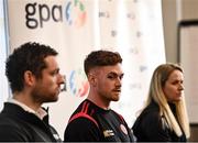 21 February 2022; Tyrone footballer Conor Meyler, centre, alongside Gaelic Players Association chief executive Tom Parsons and GPA Equality, Diversity and inclusion manager Gemma Begley speaking during a GPA Media Briefing ahead of GAA Congress at the Radisson Dublin Airport in Dublin. Photo by David Fitzgerald/Sportsfile