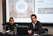 21 February 2022; Gaelic Players Association chief executive Tom Parsons and Galway camogie player Niamh Kilkenny during a GPA Media Briefing ahead of GAA Congress at the Radisson Dublin Airport in Dublin. Photo by David Fitzgerald/Sportsfile