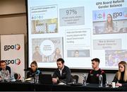 21 February 2022; Gaelic Players Association chief executive Tom Parsons, centre, alongside, from left, Wexford hurler Matthew O'Hanlon, Galway camogie player Niamh Kilkenny, Tyrone footballer Conor Meyler and GPA Equality, Diversity and inclusion manager Gemma Begley during a GPA Media Briefing ahead of GAA Congress at the Radisson Dublin Airport in Dublin. Photo by David Fitzgerald/Sportsfile