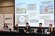 21 February 2022; Gaelic Players Association chief executive Tom Parsons, centre, alongside, from left, Wexford hurler Matthew O'Hanlon, Galway camogie player Niamh Kilkenny, Tyrone footballer Conor Meyler and GPA Equality, Diversity and inclusion manager Gemma Begley during a GPA Media Briefing ahead of GAA Congress at the Radisson Dublin Airport in Dublin. Photo by David Fitzgerald/Sportsfile