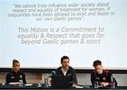 21 February 2022; Gaelic Players Association chief executive Tom Parsons, centre, alongside, Galway camogie player Niamh Kilkenny, left, and Tyrone footballer Conor Meyler during a GPA Media Briefing ahead of GAA Congress at the Radisson Dublin Airport in Dublin. Photo by David Fitzgerald/Sportsfile