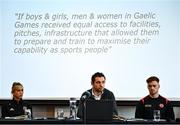 21 February 2022; Gaelic Players Association chief executive Tom Parsons, centre, alongside, Galway camogie player Niamh Kilkenny, left, and Tyrone footballer Conor Meyler during a GPA Media Briefing ahead of GAA Congress at the Radisson Dublin Airport in Dublin. Photo by David Fitzgerald/Sportsfile