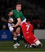 4 February 2022; Ben Brownlee of Ireland in action against Ethan Fackrell of Wales during the U20 Six Nations Rugby Championship match between Ireland and Wales at Musgrave Park in Cork. Photo by Piaras Ó Mídheach/Sportsfile