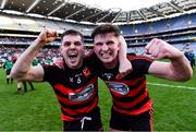 12 February 2022; Ballygunner players Conor Sheahan, left, and Ronan Power celebrate after their side's victory in the AIB GAA Hurling All-Ireland Senior Club Championship Final match between Ballygunner, Waterford, and Shamrocks, Kilkenny, at Croke Park in Dublin. Photo by Piaras Ó Mídheach/Sportsfile