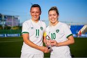 22 February 2022; Republic of Ireland captain Katie McCabe presents Denise O'Sullivan, right, with the player of the match award after the Pinatar Cup Third Place Play-off match between Wales and Republic of Ireland at La Manga in Murcia, Spain. Photo by Silvestre Szpylma/Sportsfile