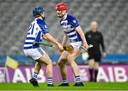 5 February 2022; Naas players James Burke, right, and Kevin Kelleher celebrate after their side's victory in the AIB GAA Hurling All-Ireland Intermediate Club Championship Final match between Kilmoyley, Kerry, and Naas, Kildare, at Croke Park in Dublin. Photo by Piaras Ó Mídheach/Sportsfile