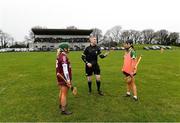 20 February 2022; Referee Ray Kelly with Shannon Graham captain of Slaughtneil and Niamh McGrath captain of Sarsfields before the AIB All-Ireland Senior Camogie Club Championship Semi-Final match between Sarsfields and Slaughtneil at Naomh Eanna in Gorey, Wexford. Photo by Matt Browne/Sportsfile